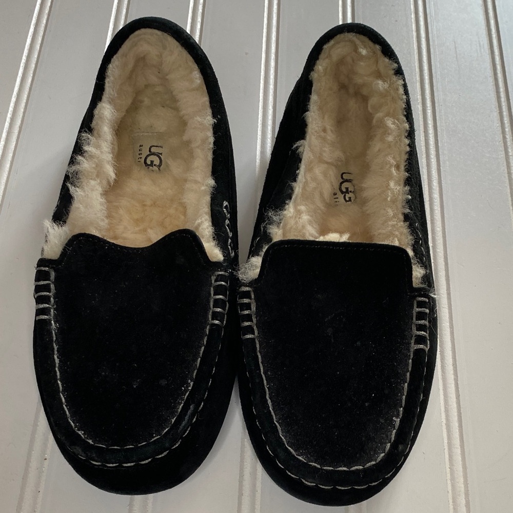 UGG Black Suede Loafers with Cream Shearling size 7